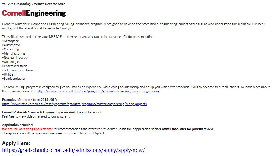 Cornell University Masters in Materials Science & Engineering